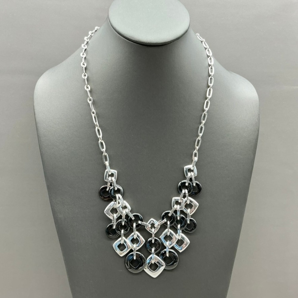 Liz Claiborne Necklace Women Silver Black Geometric Circle Square Statement
